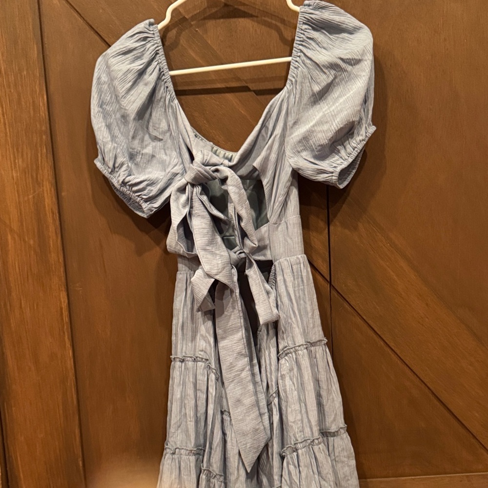 Altar'd State Light Blue Puff Sleeve double back bow Mini Dress - Picture 2 of 5